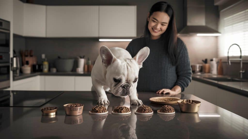 a dog standing on a counter with food on it