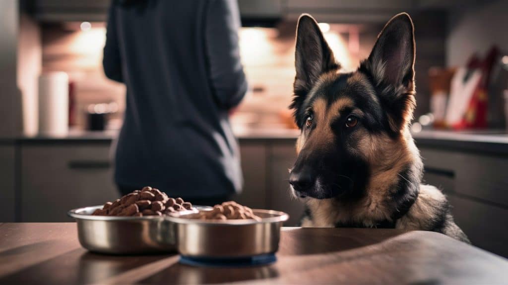 a dog sitting at a table with food bowls on it