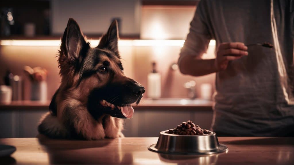 a dog looking at a bowl of food