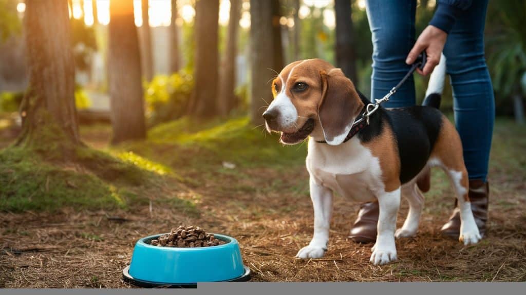 a dog on a leash next to a person's leg