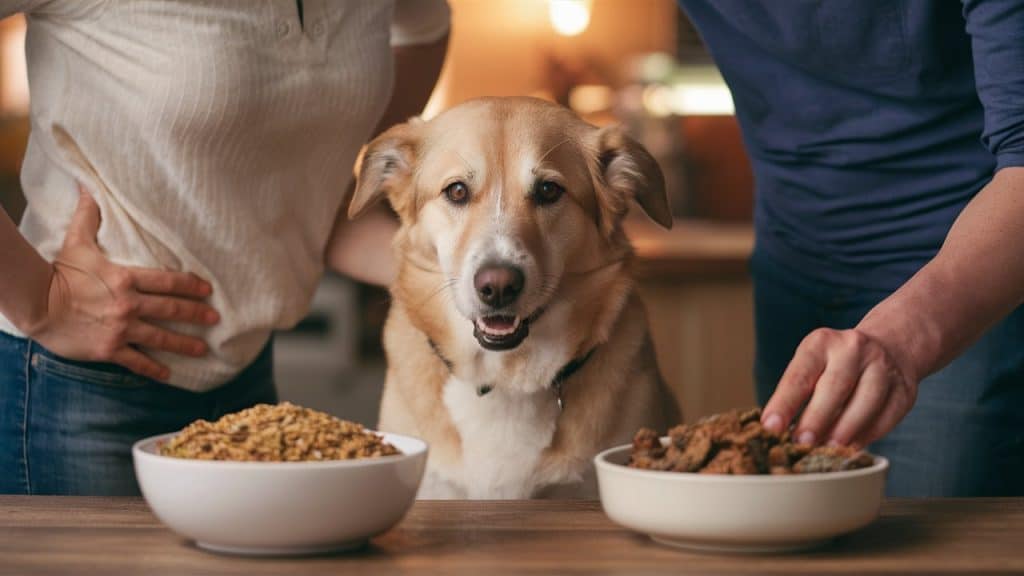 a dog sitting at a table with bowls of food