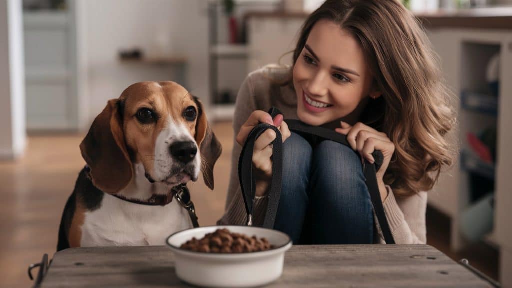 a woman and a dog looking at food